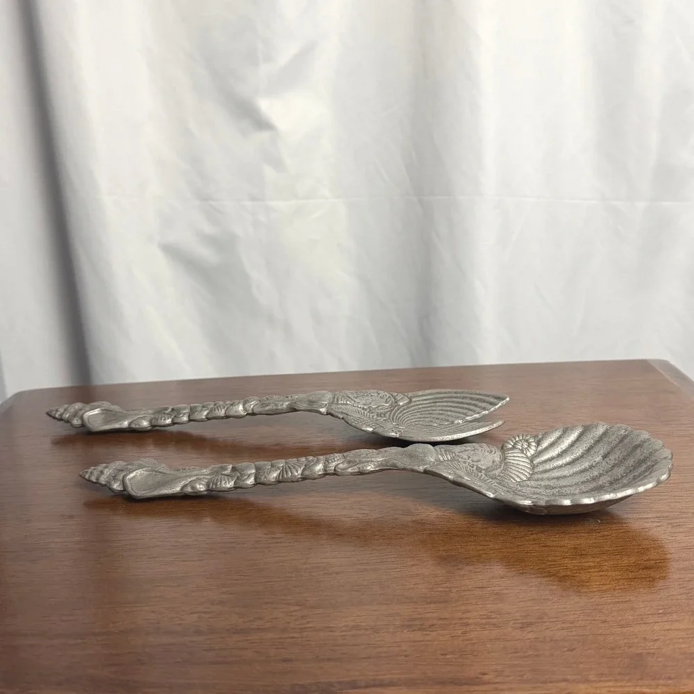 VTG Arthur Court 1993 Seashell Salad Servers Aluminum Set of 2 Spoon Fork Beach